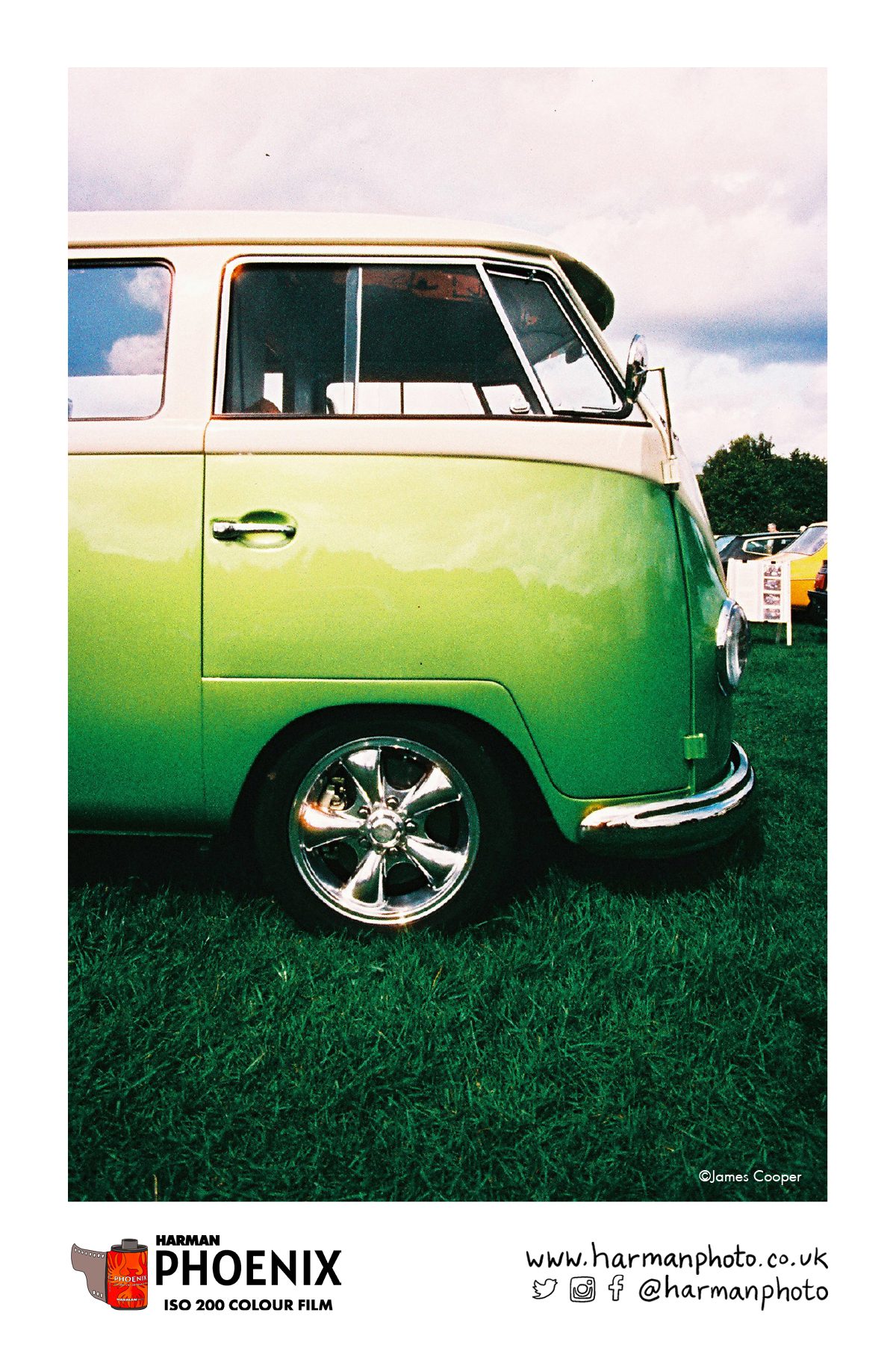 Green and White VW camper van shot on HARMAN Phoenix colour film