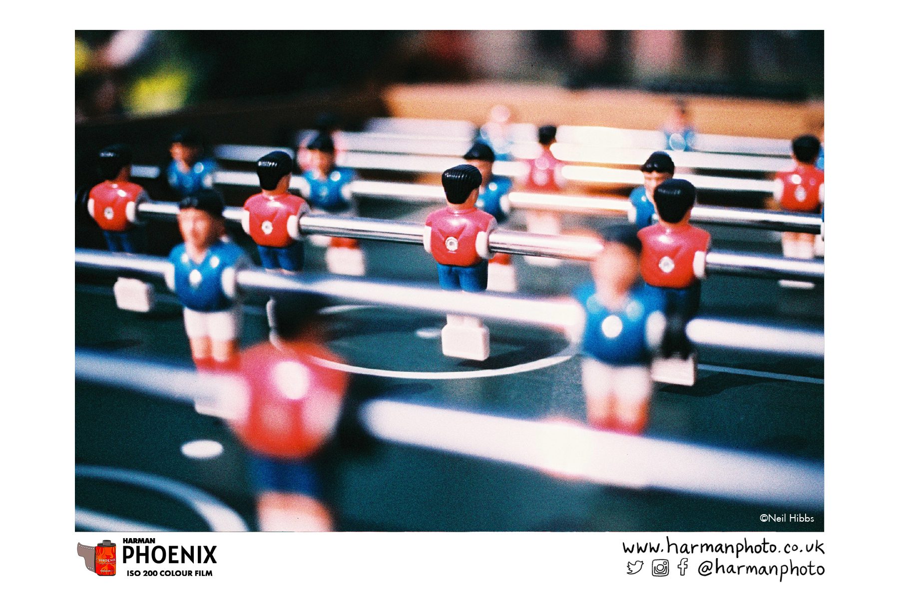 Close up shot of 'players' on table football shot on HARMAN Phoenix colour film