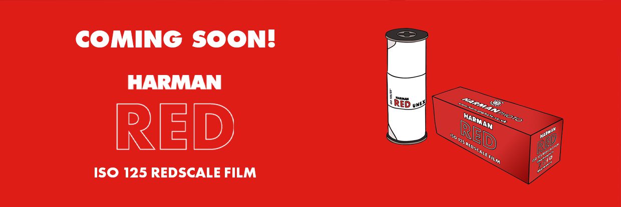 Banner advertising HARMAN RED 125 redscale film now available in 120 format